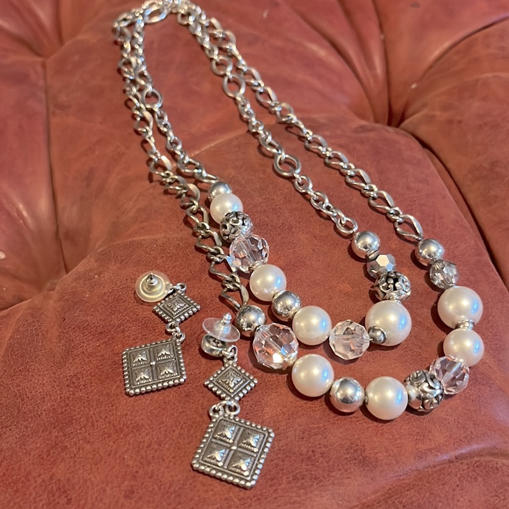Long Brighton silver and pearl chain necklace and earrings